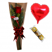 Ramalhete de 1 Rosa Imp. Envelope + Balão Coração + Ferrero Rocher 3und