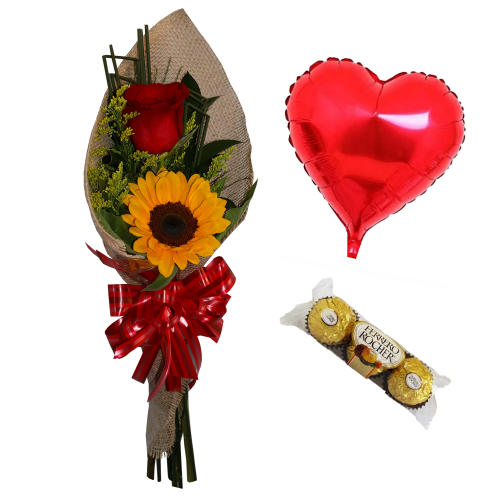 Ramalhete de 1 Rosa Importada e 1 Girassol + 1 Balão Coração + Ferrero Rocher 3und