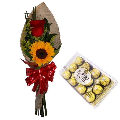 Ramalhete de 1 Rosa Importada e 1 Girassol + Ferrero Rocher 12und