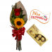 Ramalhete de 1 Rosa Importada e 1 Girassol + 1 Placa Feliz Aniversário + Ferrero Rocher 8und