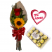 Ramalhete de 1 Rosa Importada e 1 Girassol + 1 Placa TE AMO + Ferrero Rocher 12und
