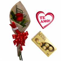 Ramalhete de 1 Rosa Importada + Placa TE AMO + Ferrero Rocher 8und