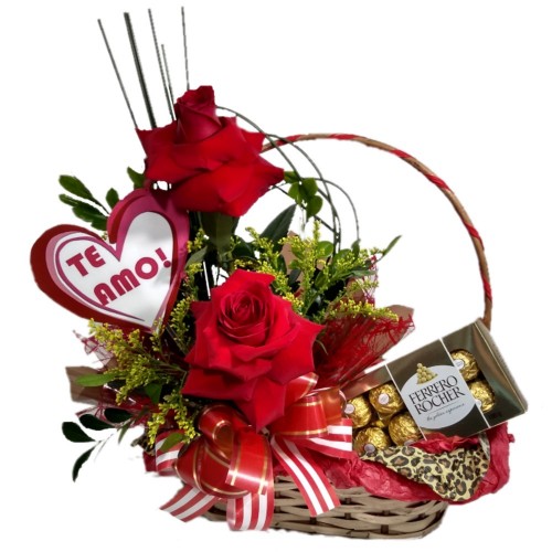Cesta com arranjo de Rosas+Ferrero Rocher com8 unidades+Plaquinha