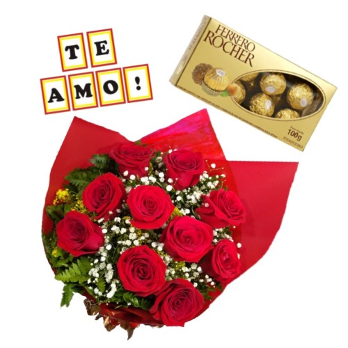 Combo Buque de 10 rosas + Ferrero Rocher com 8 und. + Plaquinha "TE AMO"    