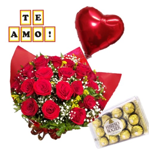 Combo Buque de 24 rosas + Ferrero Rocher com 12 und. + Plaquinha "TE AMO" + Balão Metalizado