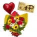 Combo Buque de 5 rosas, 3 girassóis e astromelias + Ferrero Rocher com 8 und. + Balão metalizado 