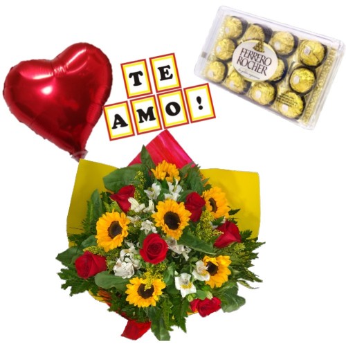 Combo Buque de 6 rosas, 6 girassóis e astromelias + Ferrero Rocher com 12 und. + Plaquinha "TE AMO" + Balão Metalizado