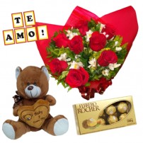 Combo Buque de 8 rosas e astromélias  + Ferrero Rocher com 8 und. + Plaquinha "TE AMO" + Pelúcia 