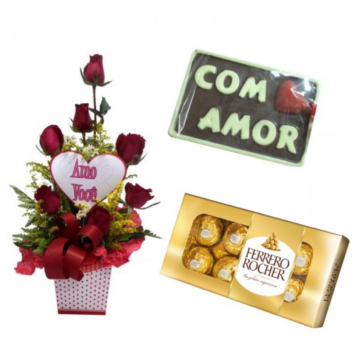 Combo Arranjo Carinhoso + Ferrero 8 und + Chocolate Com Amor Her